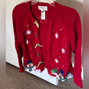 Vintage Christmas sweater red snowmen buttons size S P  Casual Corner